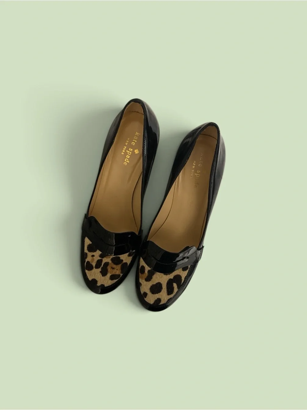kate spade Black Patent Leather Flats with Leopard Print Toe